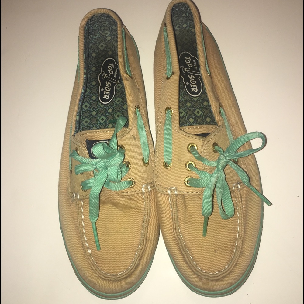 Sperry Top Siders Tan with Mint Green Trim/ Laces
